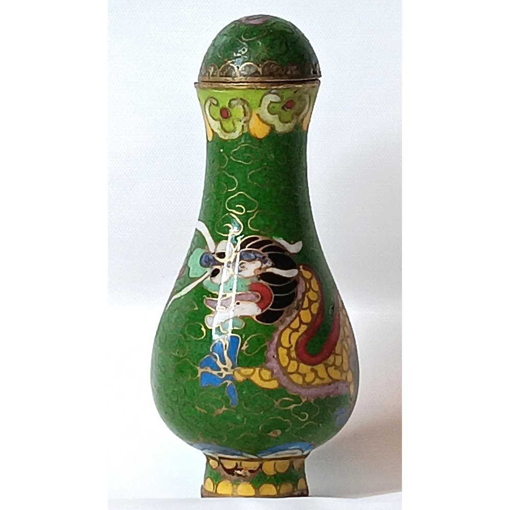 Vintage Chinese Dragon Cloisonné Snuff Bottle Green Enamel Bronze